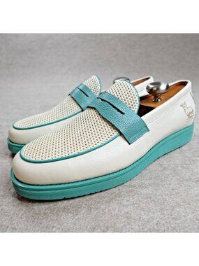 Marc Nolan Mens Loafers 13 Beige Teal Three Dots and a Dash Not Too Sweet NEW